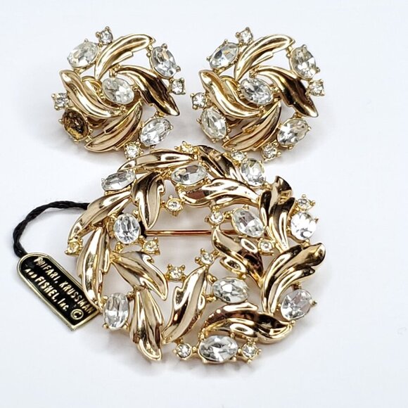 Vintage Crown Trifari Rhinestone Leaf Wreath Brooch Earring Set Goldtone Clear - Picture 2 of 5